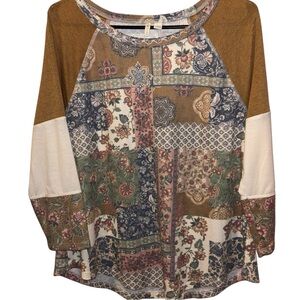 CATO Patchwork Boho Waffle Knit Top Floral 3/4 Sleeve Size L